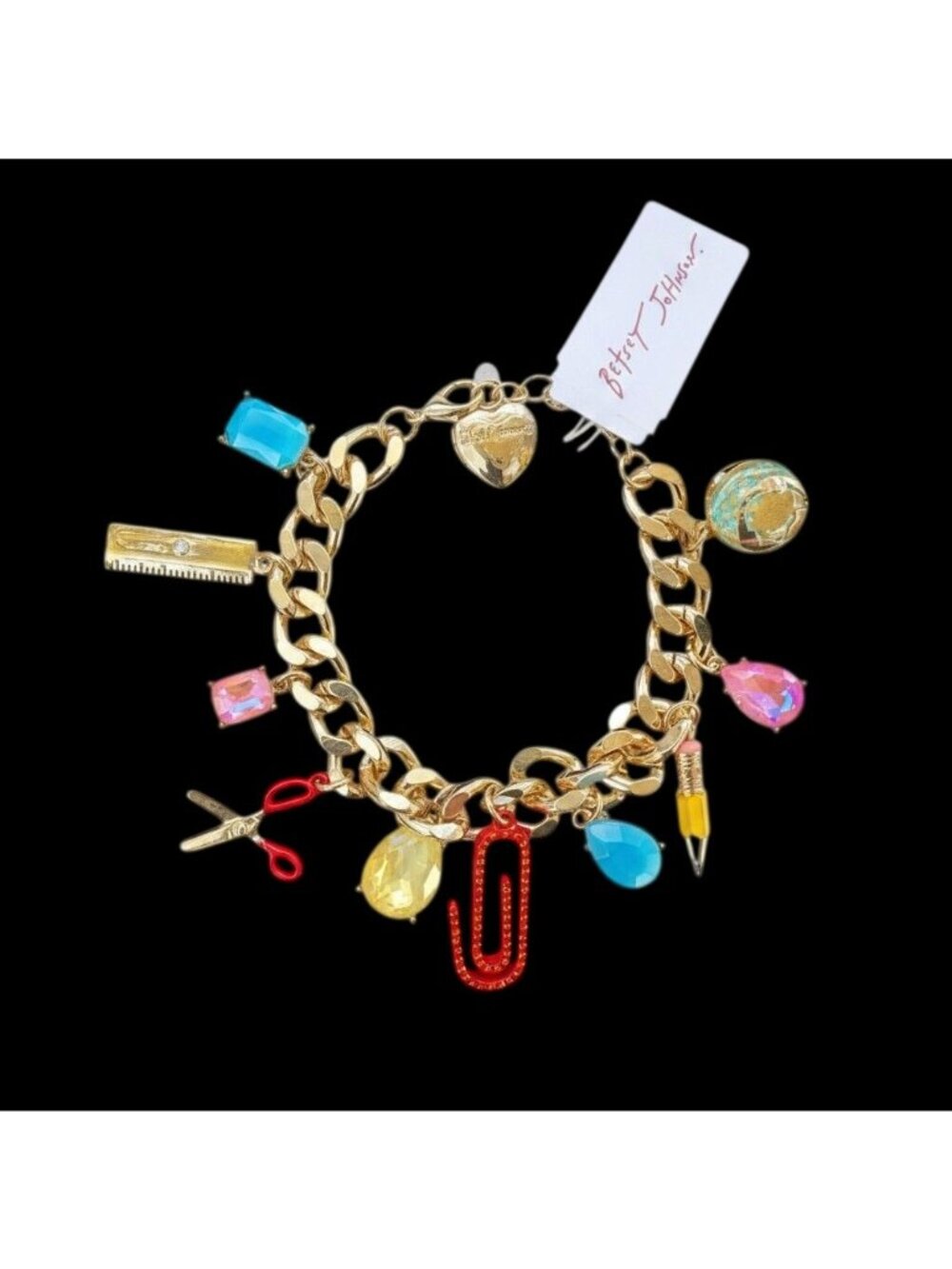 Betsey Johnson Back to School Charm Bracelet Gold Tone Colorful Gems New NWT